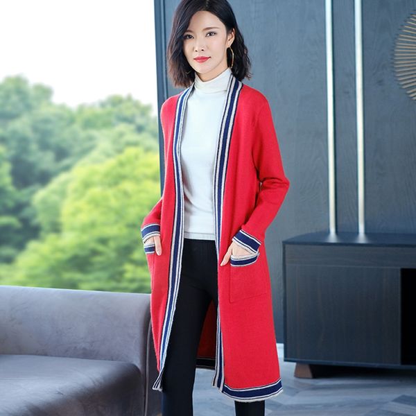 

2020 autumn knitwear coat knitwearcardigan women's new pocket sweater versatile slim fit korean medium and long knitwear color matching, White;black