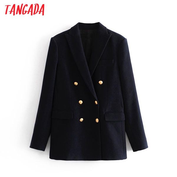 

tangada women 2020 fashion navy woolen blazer coat vintage double breasted long sleeve female outerwear chic 3h718, White;black