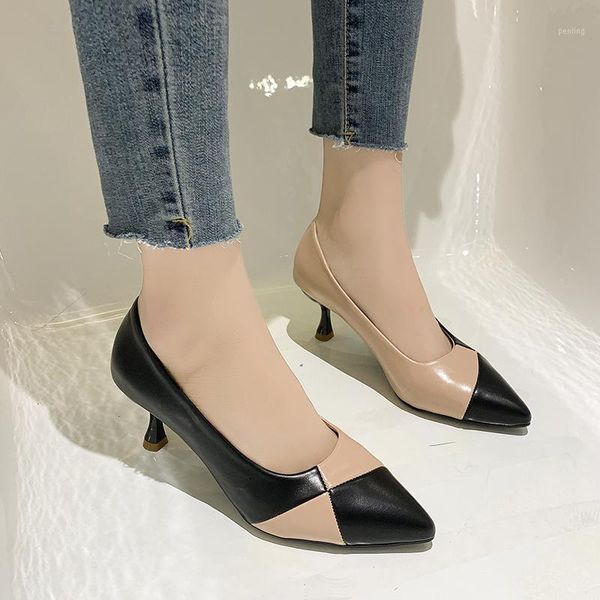 

splicing material pointed toe high heels women elegant thin heels women pu leather stiletto heel shoes office work shoes1, Black