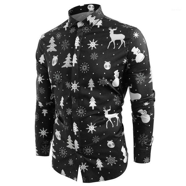 

men long sleeve shirt 2019 new fashion casual print turn-down collar large size christmas mens shirt men clothing1, White;black