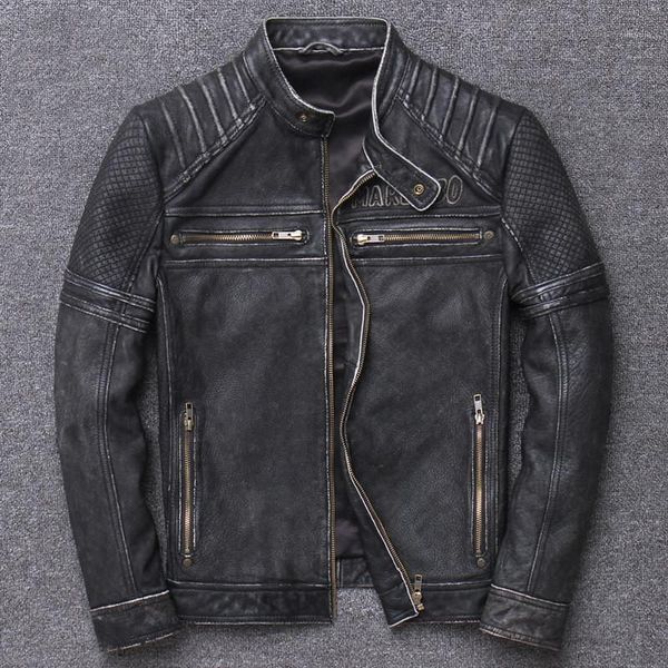 

2020 vintage brown men short motorcycle leather jacket plus size 5xl genuine cowhide american slim biker's coat, Black