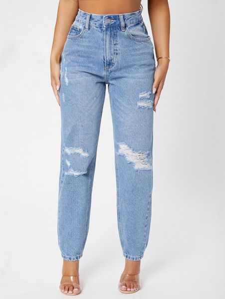 

petite stone wash ripped mom jeans y2uz#, Blue