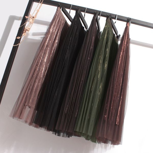 

2022 spring autumn golden velvet skirt thin vertical feeling thickened high waist mesh pleated versatile yarn skirt, Black