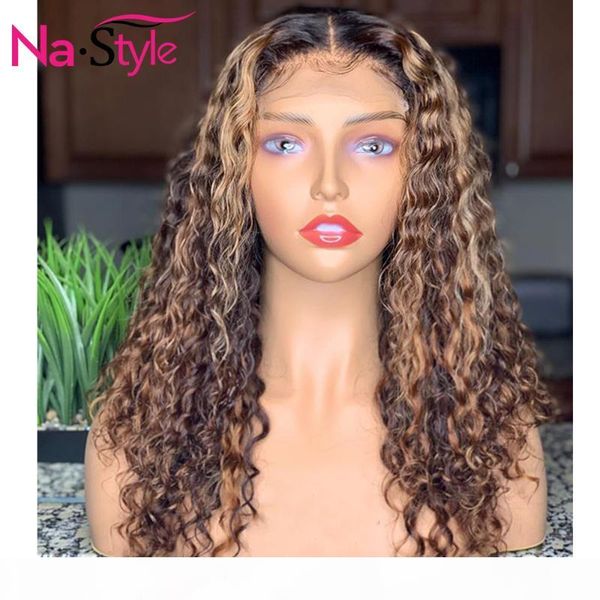 

curly human hair wig 13x4 highlight lace front human hair wigs for black women ombre wig with baby 150 remy, Black;brown