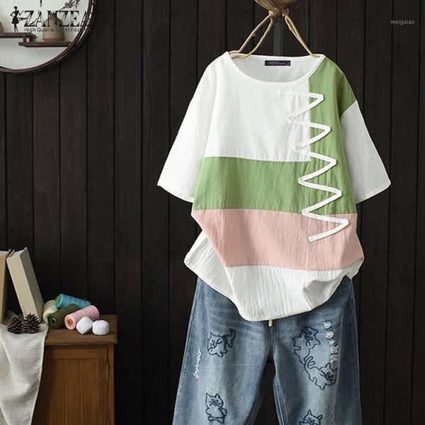 

zanzea vintage women blouse summer cotton linen shirt robe femme short sleeve tunic pacthwork blusas chemise 5xl plus size1, White