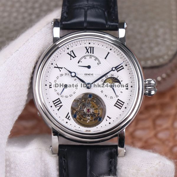 Migliore qualità AXF 42MM Complicazioni Acciaio inossidabile True Tourbillon Orologio automatico da uomo Quadrante bianco Cinturino in pelle Orologi sportivi da uomo