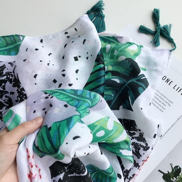

spring summer new silk scarf diamond tropical green leaf print sunscreen large shawl beach resort beach towel cotton scarf woman wmtnwx, Blue;gray