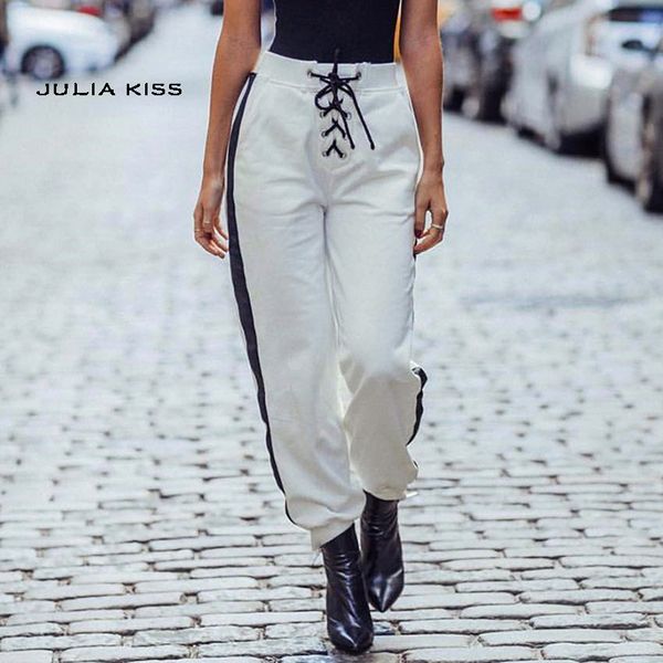 

women lace up front contrast panel sweatpants casual sweatpants, Black