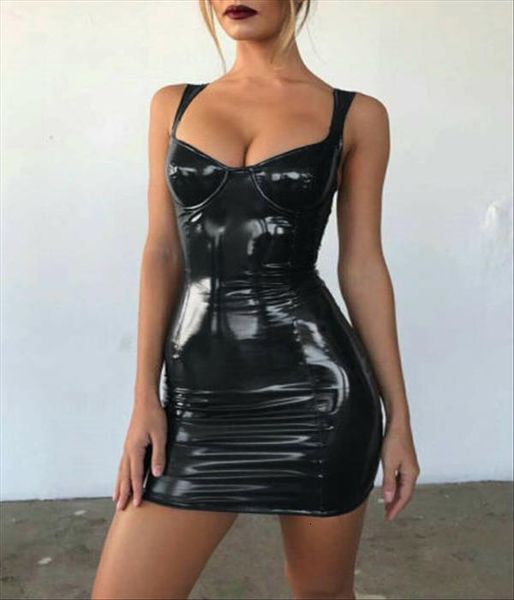 

2021 fashion women dirndl latex faux leather bodycon evening party short black solid dresses mini, Black;gray