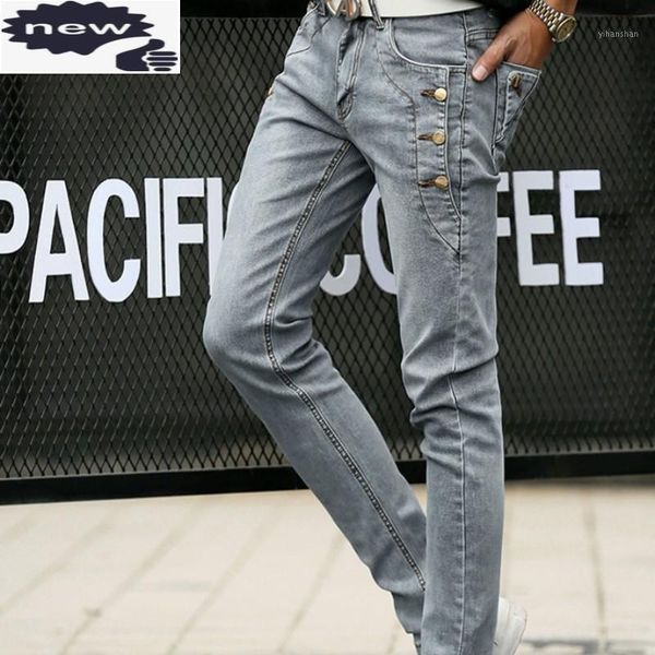 

fashion mens pencil autumn new skinny buttons slim fit denim pants casual long trousers cowboy jeans men streetwear1, Blue