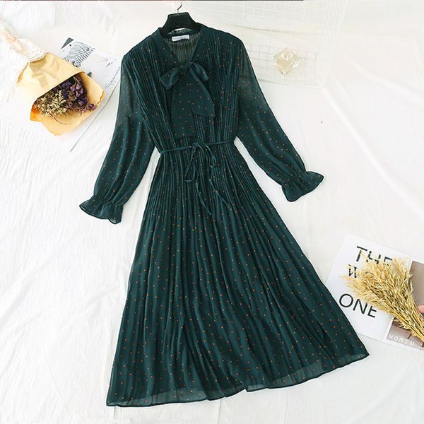 

2021 new elegant polka casual sleeve extension office chiffon dot print dress vintage line sweet clothes, Black;gray