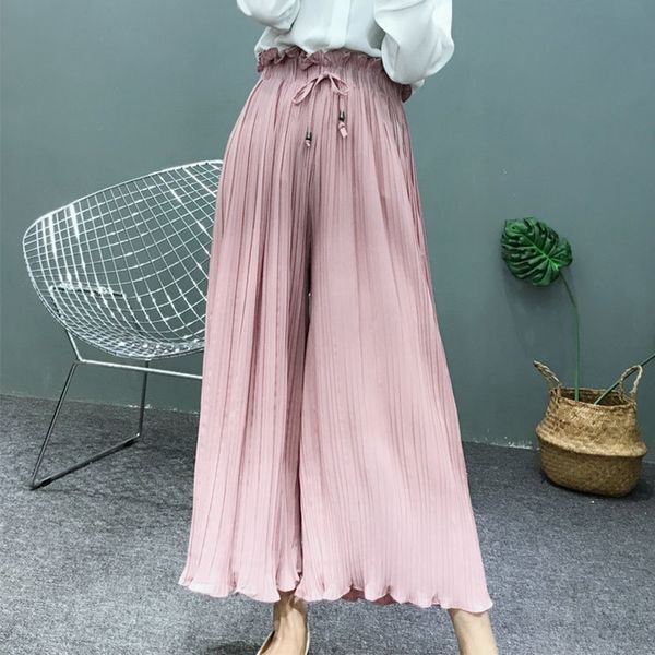

high waist chiffon wide leg women's pants petal hem ruffled lace up loose straight trousers for women summer spring skirt 201031, Black;white