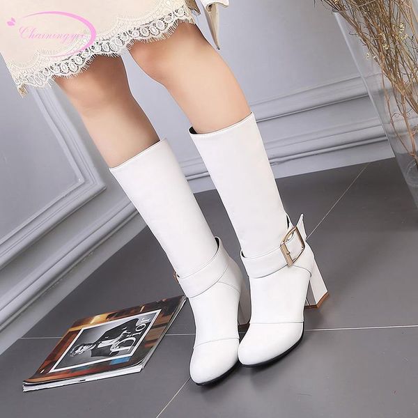 

европейский уличный стиль вокруг головы середины икры сапоги моды пряжки ремня молния езда сапоги белый красный черный высокой пятки толстые, Black