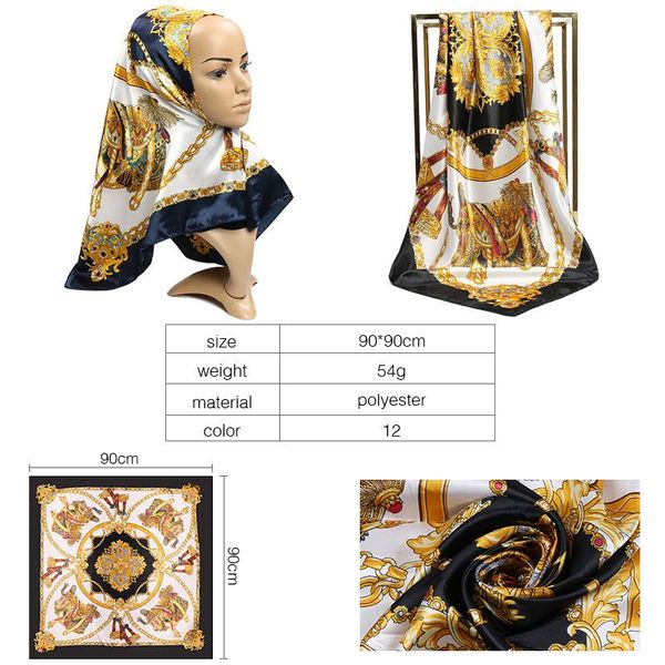 

scarves style kerchief silk satin neck square scarf for women print hijab scarfs female headband shawls and wraps 90*90cm, Blue;gray