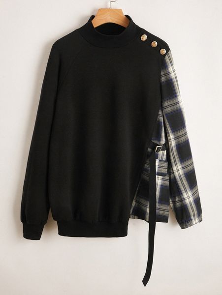 

mock neck contrast plaid raglan sleeve sweatshirt t5hm#, White;black