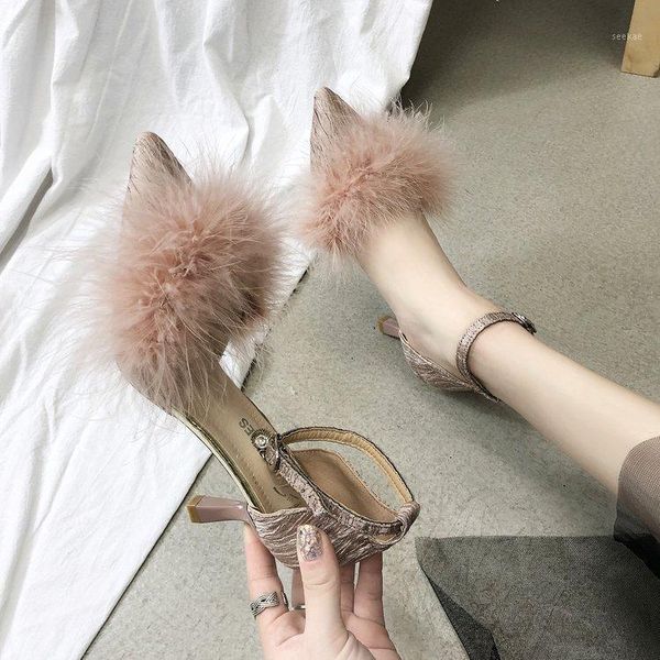 

plush shoes pointed toes 2021 new korean version of the button cat and single shoes women1, Black