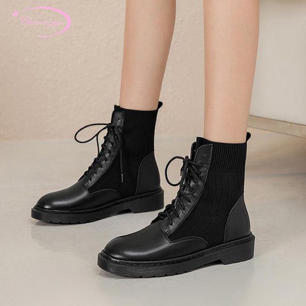 

boots party style comfortable round toe flock ankle fashion lace-up black brown low heel thick motorcycle women shoes