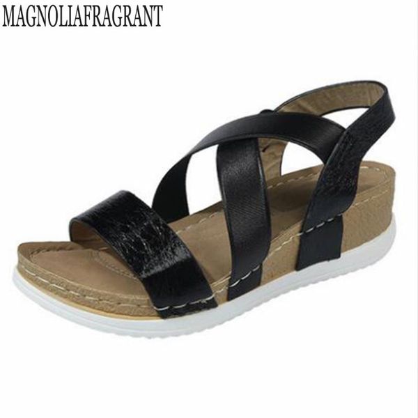 

новая мода flat наружного тапочки сандалии опорное кольцо ремни римские сандалии клин удобные женские ботинки mujer hy321, Black