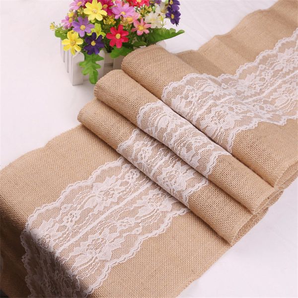 

30*275cm vintage white lace burlap table runner jute hessian tablecloth birthday event party supplies wedding decoration 62557