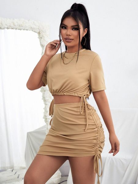 

sxy drawstring hem crop tee & bodycon skirt u62h#, White