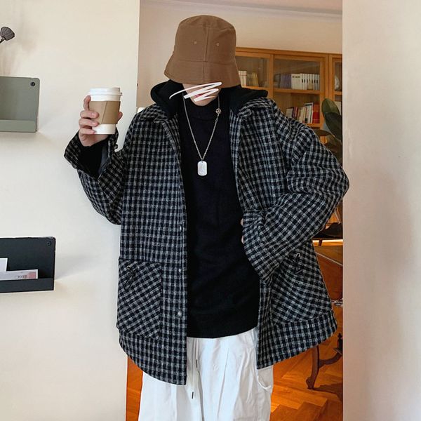 

korean plaid woolen coat men's fashion retro hooded woolen coat men overcoat wild loose oversized woolen jacket mens m-2xl, Black