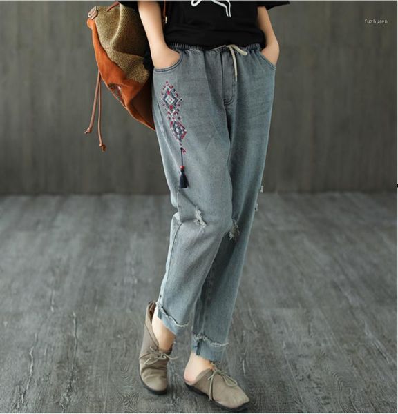 

women jeans 2020 summer new elastic waist casual denim pants ladies embroidery tassel hole vintage all-match denim trousers1, Blue