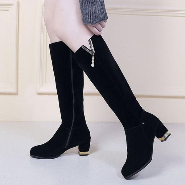 

pure color martin boots with thick scrub winter round toe zipper height boots square heels vintage women european ladies shoes, Black