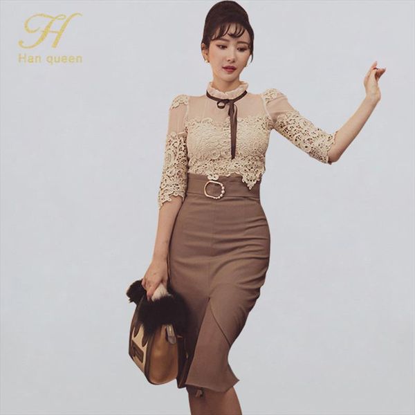 

h han queen womens spring ol 2 шт. костюмы кружевной рубашки урожай топ сплошной цвет сексуальная сетка оболочка bodycon карандаш юбка, Gray