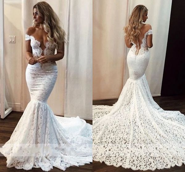 2021 Fantastico abito da sposa a sirena in pizzo Strascico lungo con spalle scoperte Vedi anche dietro Abiti da sposa Ospite Taglie forti Abito da sposa Donna