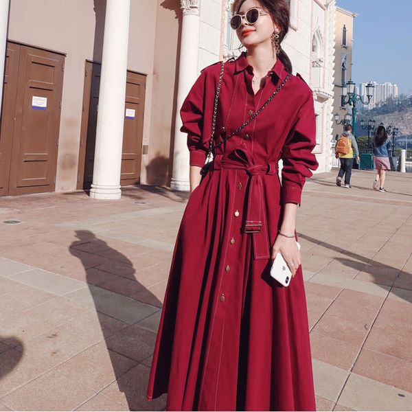 

2021 new autumn turn down long sleeve casual maxi with belt trench style women vestidos 2s5m, Tan;black