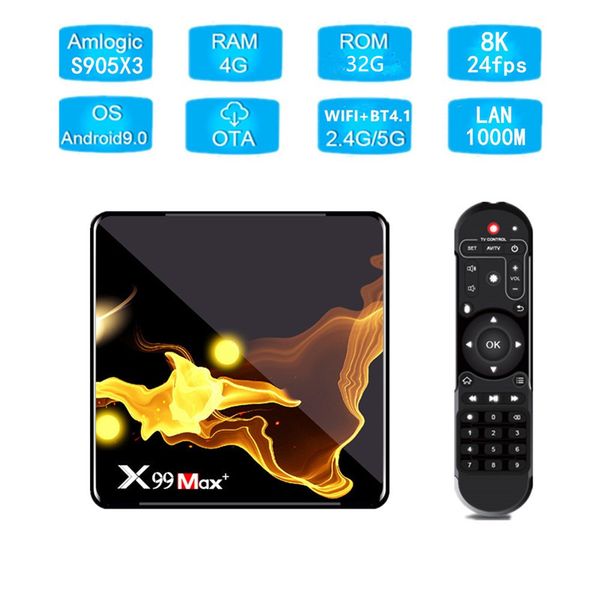 

x99 max + s905x3 смарт 8k tv box android 9.0 4gb 64gb wifi 1000m медиаплеер декодирования видео гигабитный порт функции обучения