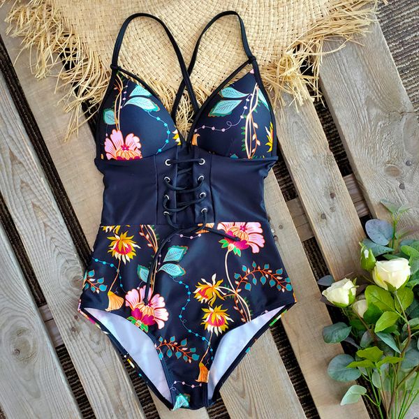 

2020 new abdomen control wasit push up swimsuit print swimwear women vintage retro bathing suits bodysuit beach wear backless t200708, White;black