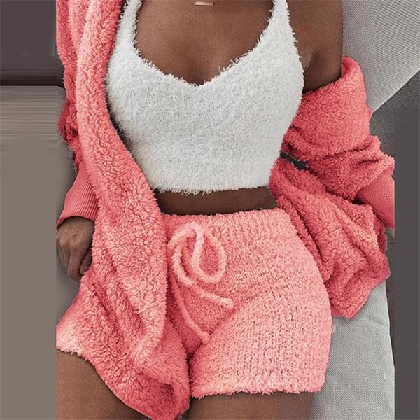 

large size women fleece plush sleepwear set pijama cardigan coat autumn winter outwear shorts club party night outfit y200708, Black;red
