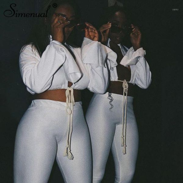 

simenual white drawstring bandage women sweatshirts side slit long sleeve autumn 2020 fashion crop tie front deep v neck, Black