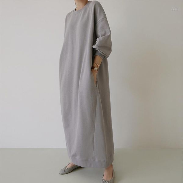 

superaen spring and autumn new solid casual over the knee o neck dress loose slim thickened sweatshirt women1, Black