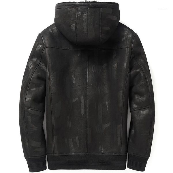 

genuine jacket men real hooded winter sheepskin coat short wool lining men's leather jackets blouson cuir homme 58251, Black