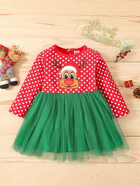 

baby christmas deer & polka dot print contrast mesh dress she, Red;yellow