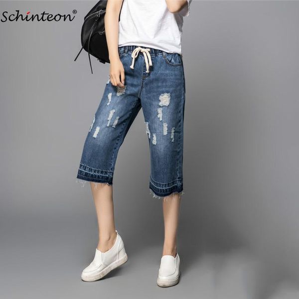 

schinteon plus size women denim knee length wide leg pants elastic waist drawstring shorts ripped hole, Blue