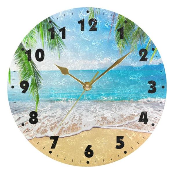 

palm trees hawaiian tropical seashore beach clock acrylic painted silent non-ticking round wall clocks home decor