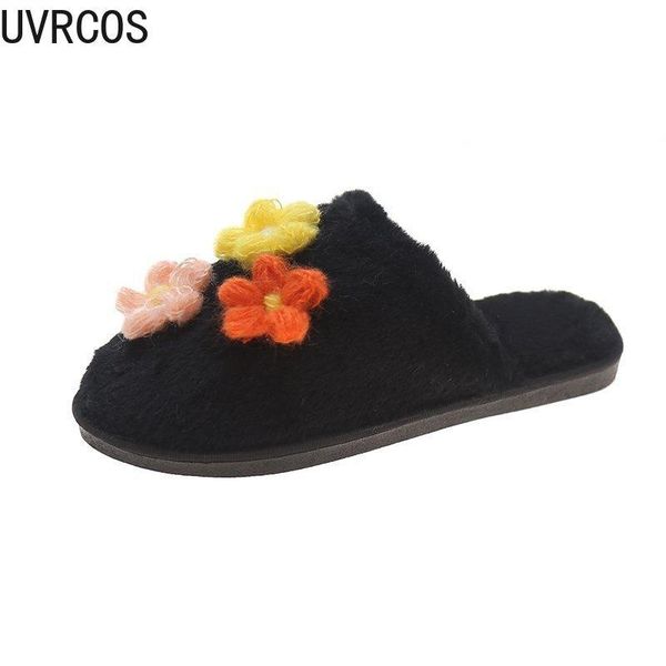 

winter women's cotton slippers 2021 new upper flower decoration casual fashion sweet and warm home women's cotton slippers, Black