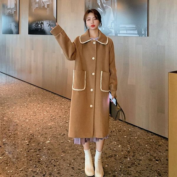 

women's wool & blends the fall and winter of 2021 female temperament in long loose cloth coat show thin air fragrance woolen, Black