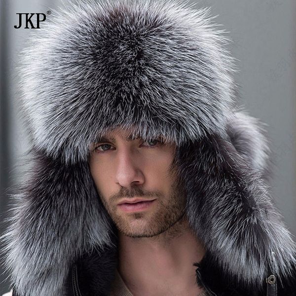 

russian leather bomber leather hat men winter hats with earmuffs trapper earflap cap man real raccoon fur black fox hatska t200104, Blue;gray