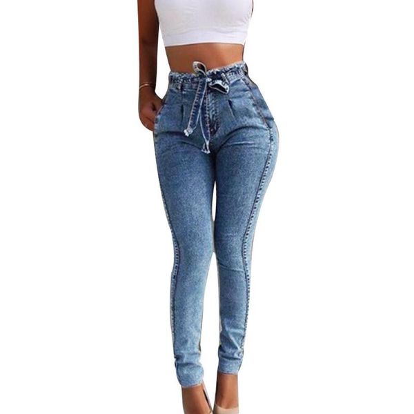 

2020 new fashion plus size fashion belted high waist skinny jeans women stretch denim tassel belt long pants for women jeans, Blue