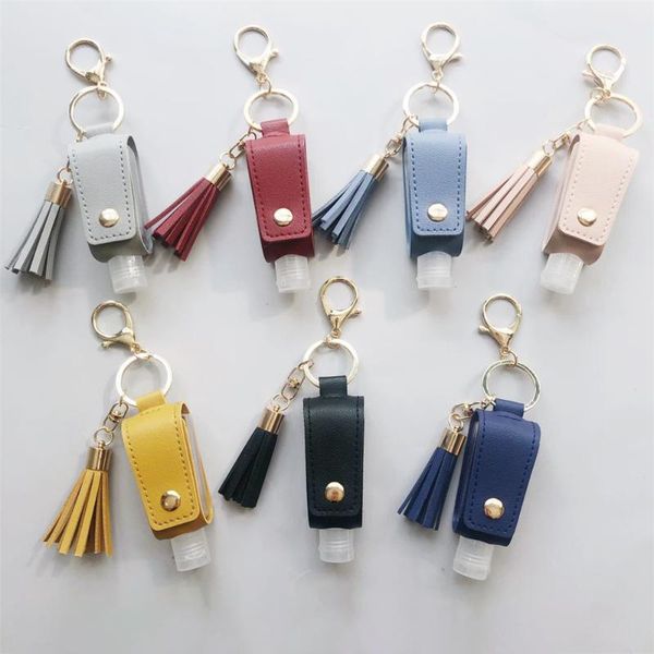 

keychains 30ml portable leakproof plastic travel bottle keychain for hand sanitizer women leather key chain with tassel wallet bag trinket, Silver