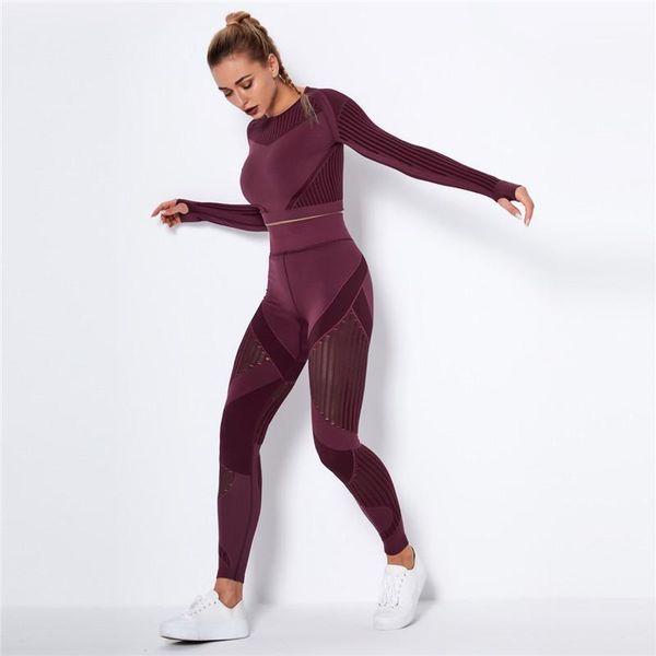 

yoga outfits women sport suit 2 piece fitness tracksuit set gym workout clothes long sleeve crop high waist leggings sets1, White;red