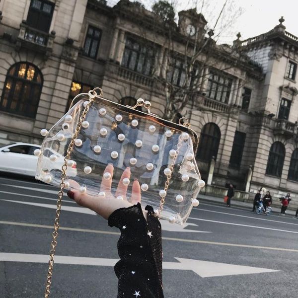 

2020 brand fashion shoulder bag pearl beaded crossbody bag wild transparent jelly chain bags for women pu small square bags