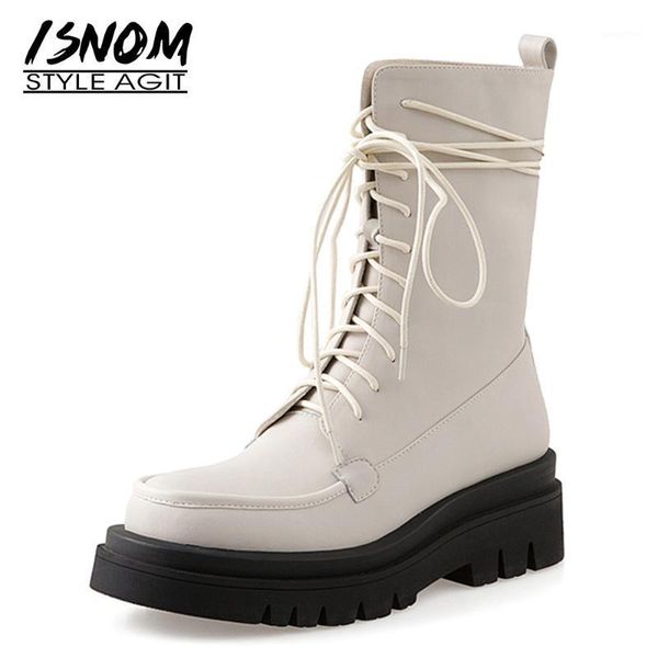 

boots isnom genuine leather women cross tied ankle booties cozy thick sole flat shoes woman platform wedges ladies1, Black