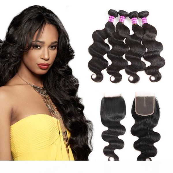 

8a brazilian virgin hair body wave silk human hair bundles with lace closure accessories unprocessed hair extensions weave bundles, Black
