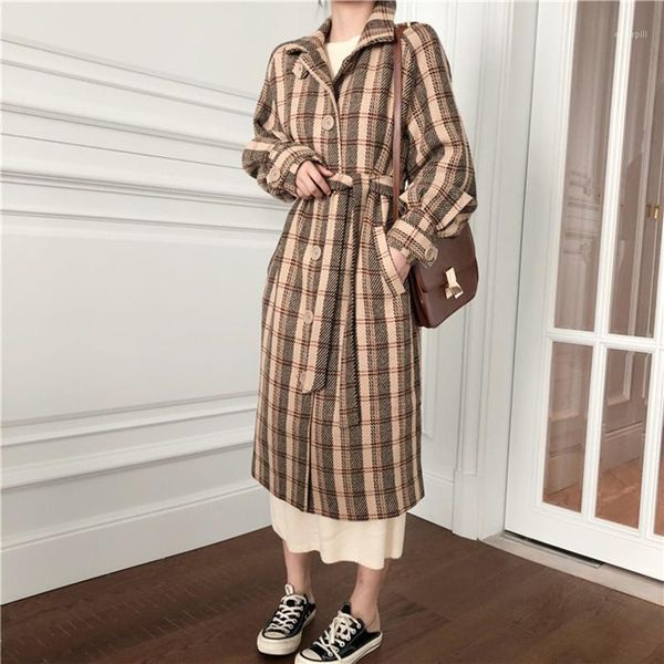 

women winter vintage plaid long wool coat jacket slim waist turn-down collar woolen overcoat button up cardigan outerwear1, Black