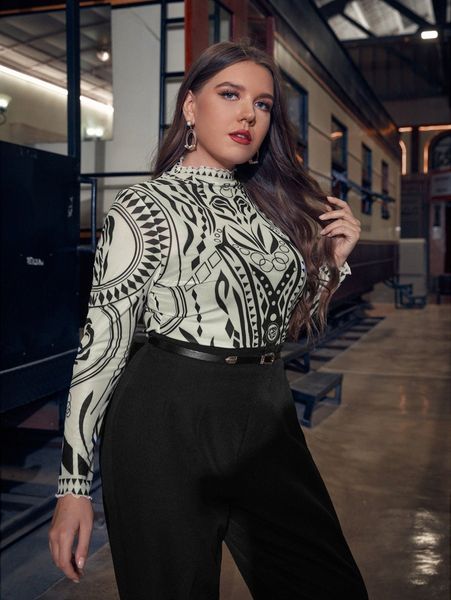 

plus geo print lettuce trim tee d3df#, Black